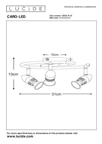 Lucide CARO-LED - Spot plafond - Ø 31 cm - LED - GU10 - 3x5W 2700K - Chrome Dépoli - technique